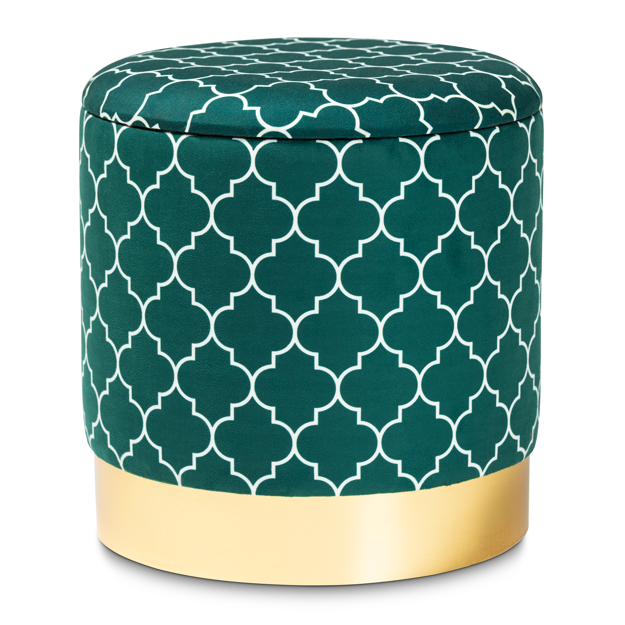 Baxton Studio Serra Glam and Luxe Teal Green Quatrefoil Velvet Fabric Upholstered Gold Finished Metal Storage Ottoman